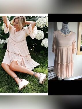 NWT Anthropologie Tiered Babydoll Crinkle Blush Pink Dress. Small